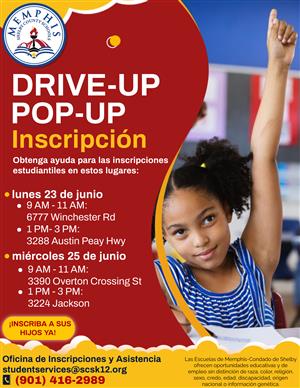 Red and yellow flyer in Spanish that has information about registration on June 23 and 24, 2025